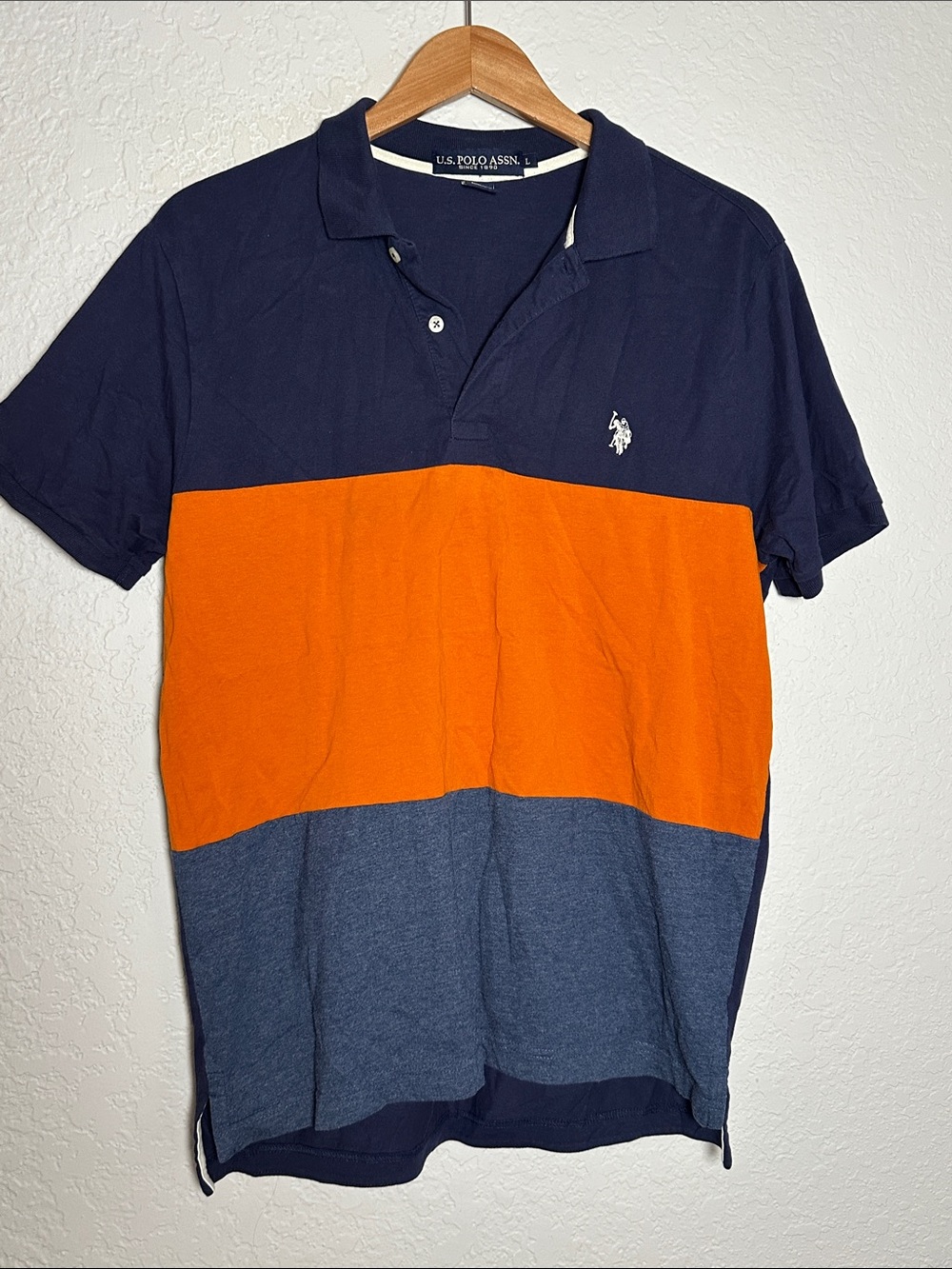 U.S. Polo Assn. Men’s Colorblock Polo Shirt Navy Blue Orange Large 90s Preppy